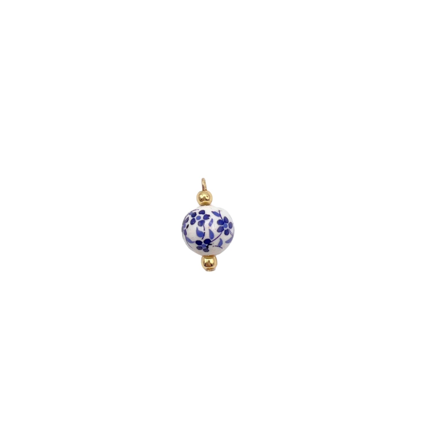 Decorative bead with blue floral pattern and gold accent on a white background