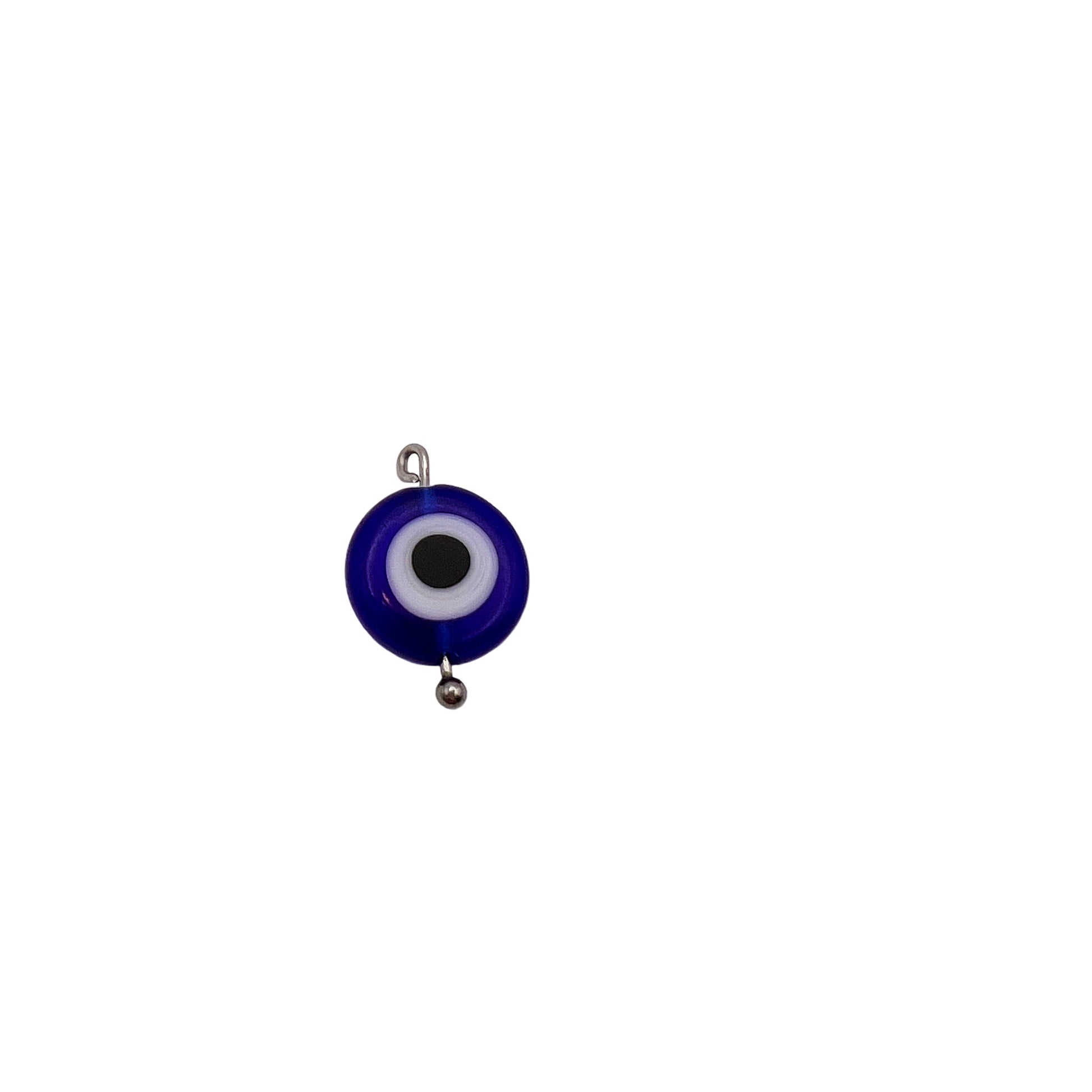 Evil eye pendant with blue border and white center on a white background