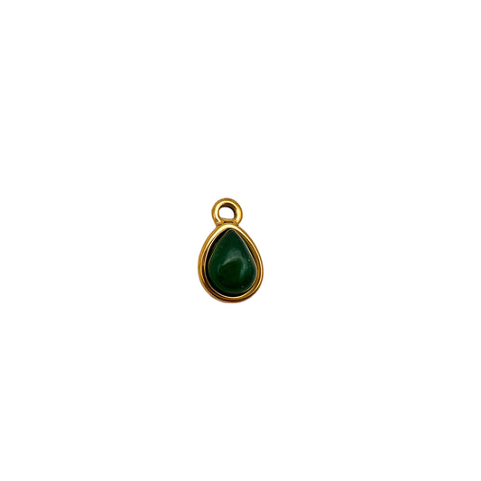 Gold pendant with a green teardrop-shaped gemstone on a white background