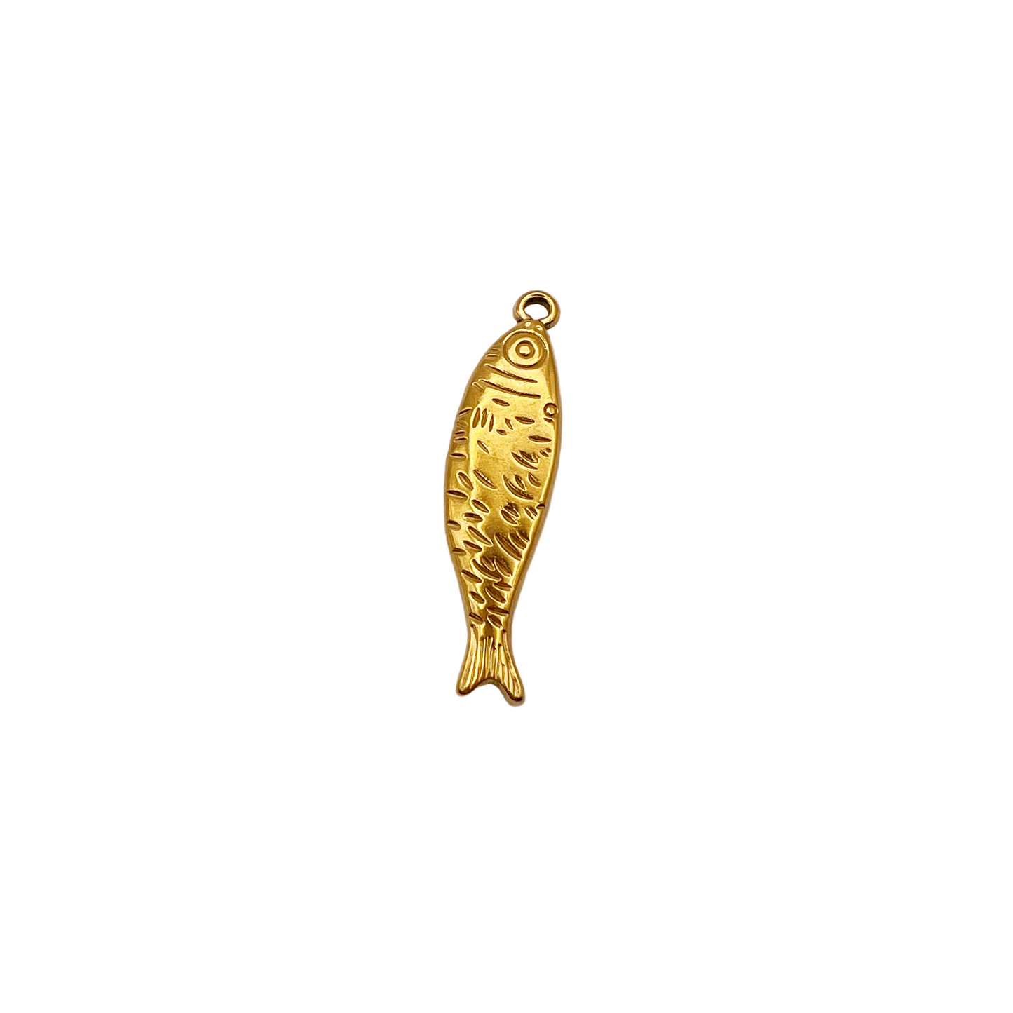 Gold fish-shaped pendant on a light gray background