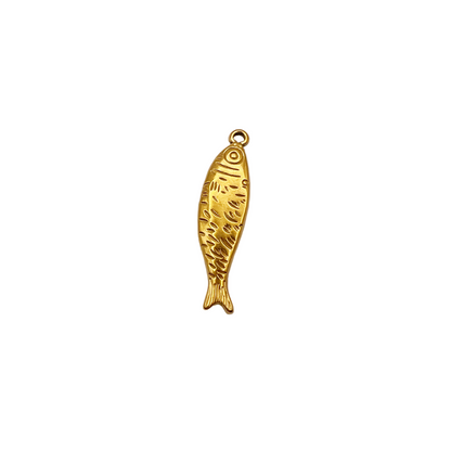Gold fish-shaped pendant on a light gray background
