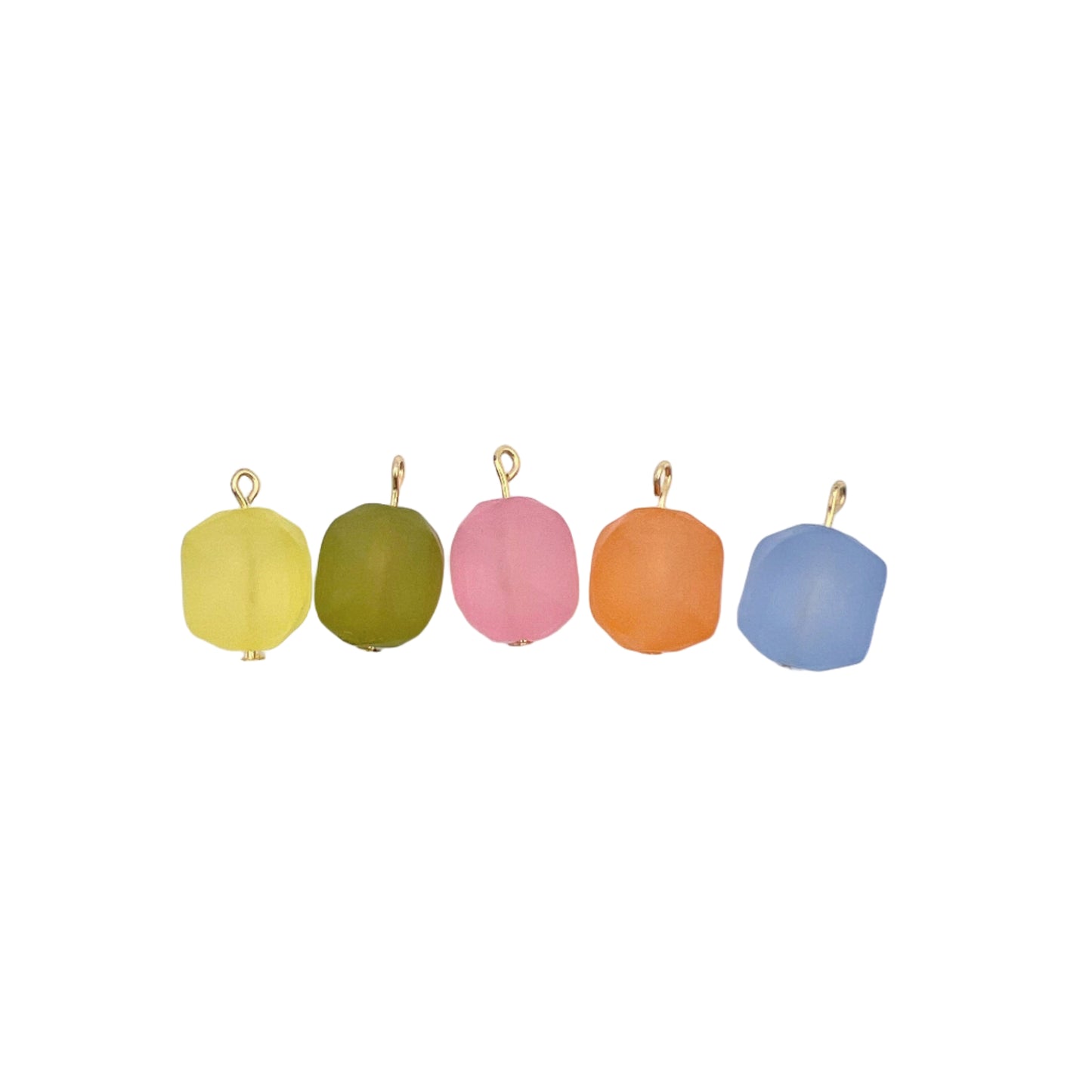 Five colorful pendant charms on a white background