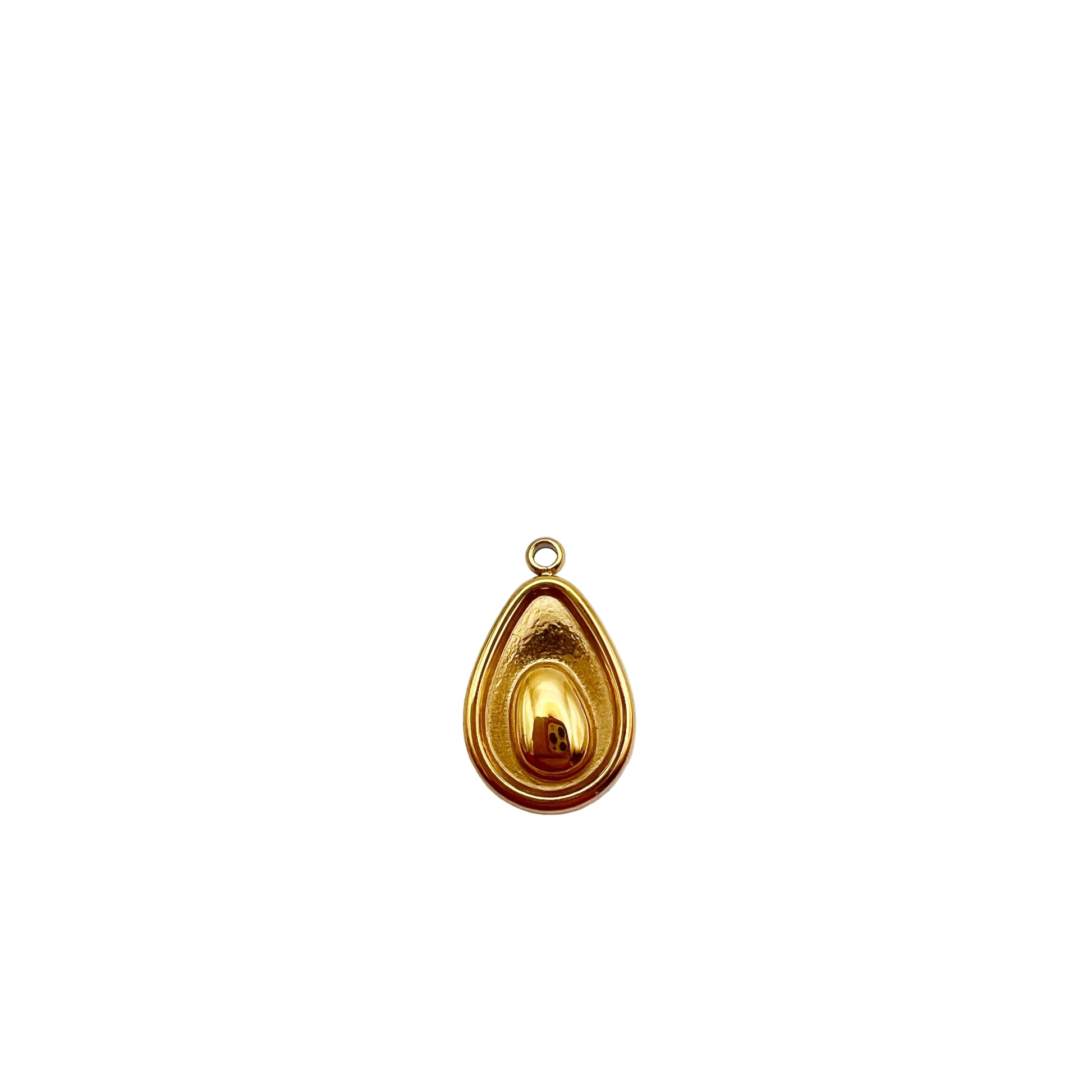 Gold teardrop-shaped pendant on a light gray background