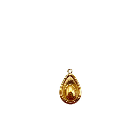 Gold teardrop-shaped pendant on a light gray background