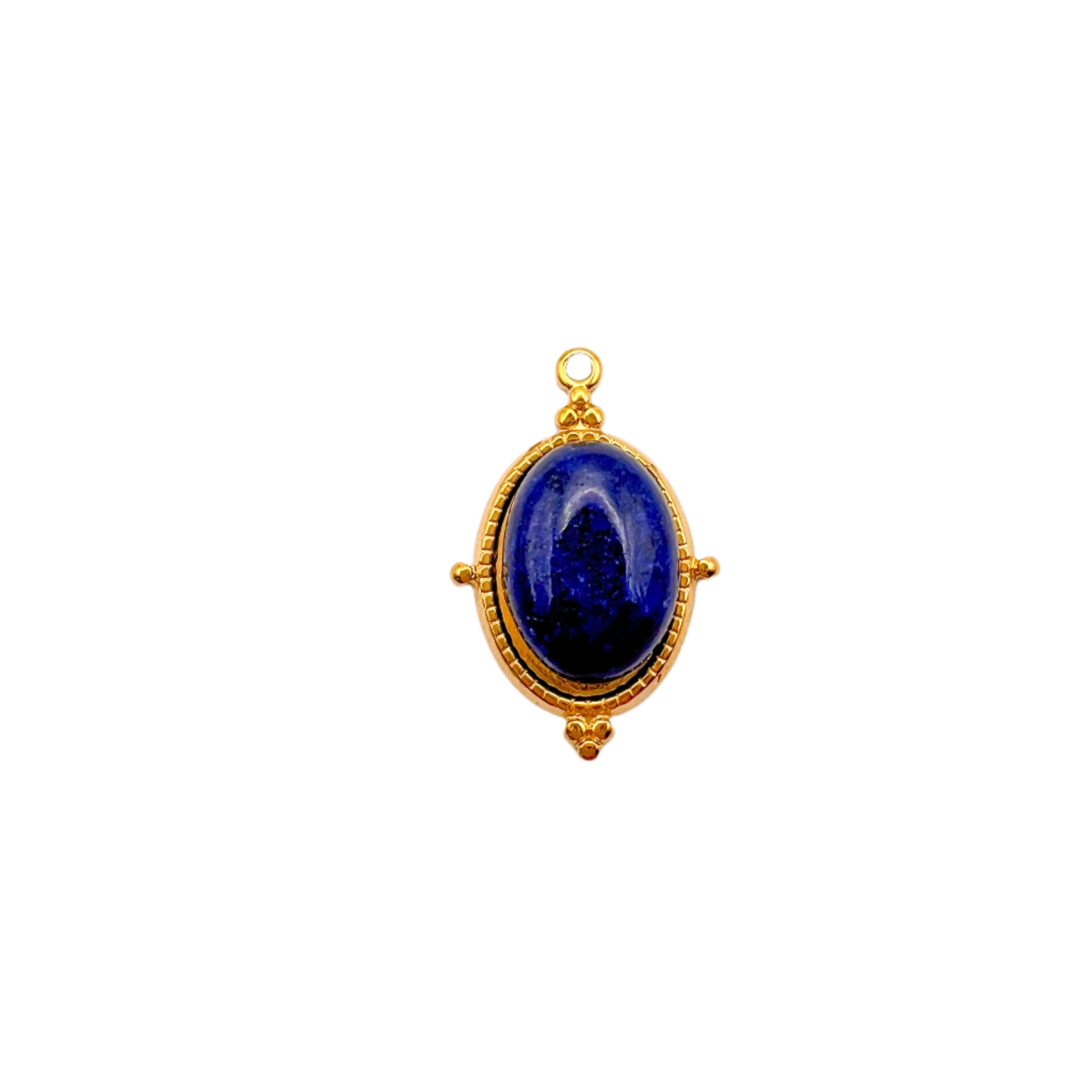 Gold pendant with a blue gemstone on a white background