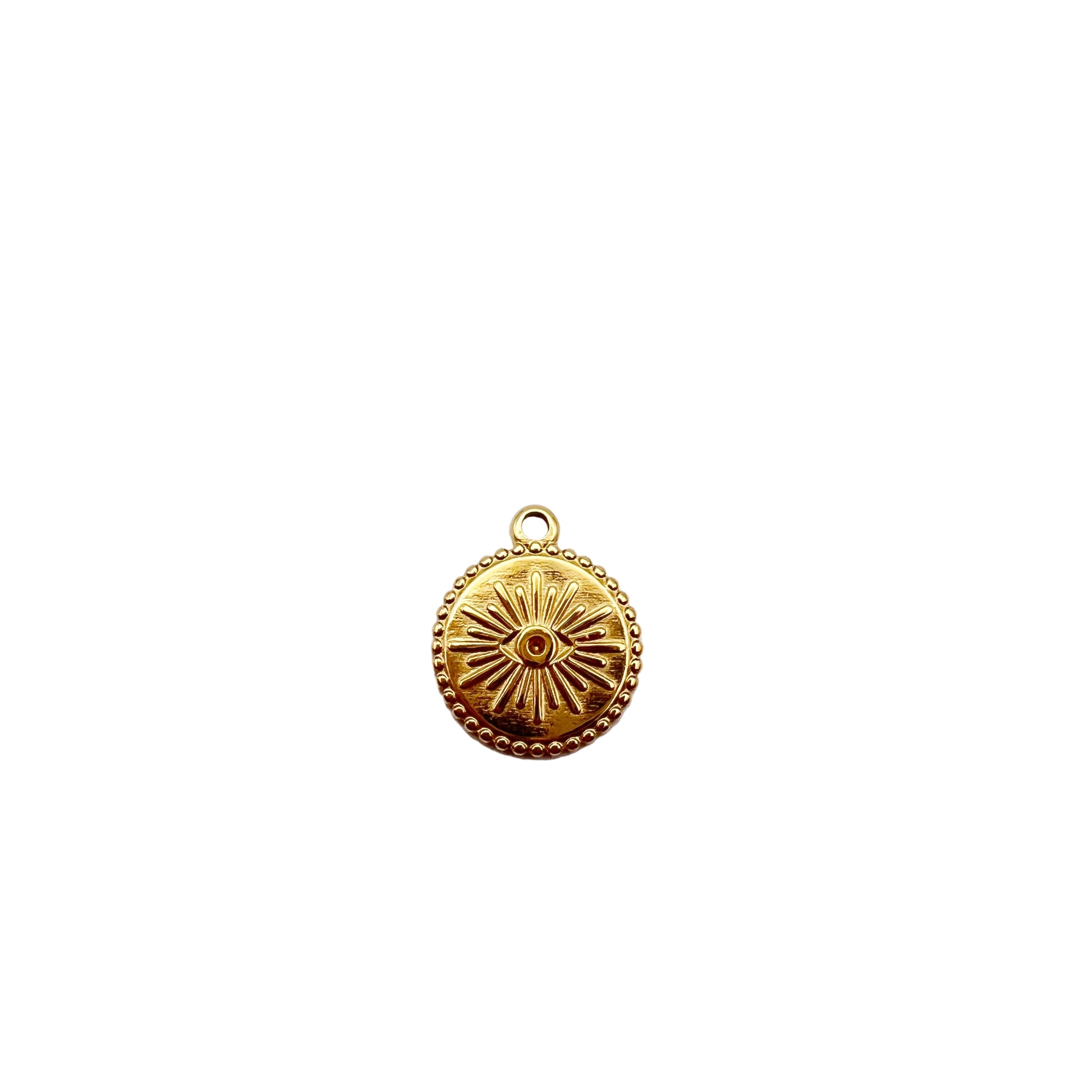 Gold pendant with sun design on a white background