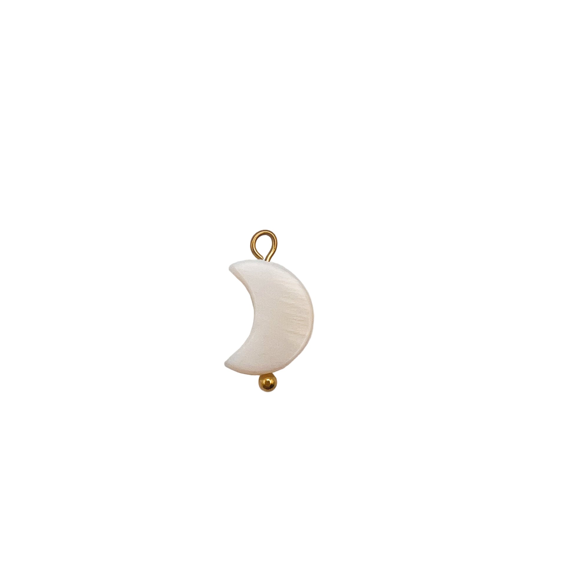 White crescent moon charm with gold accents on a white background