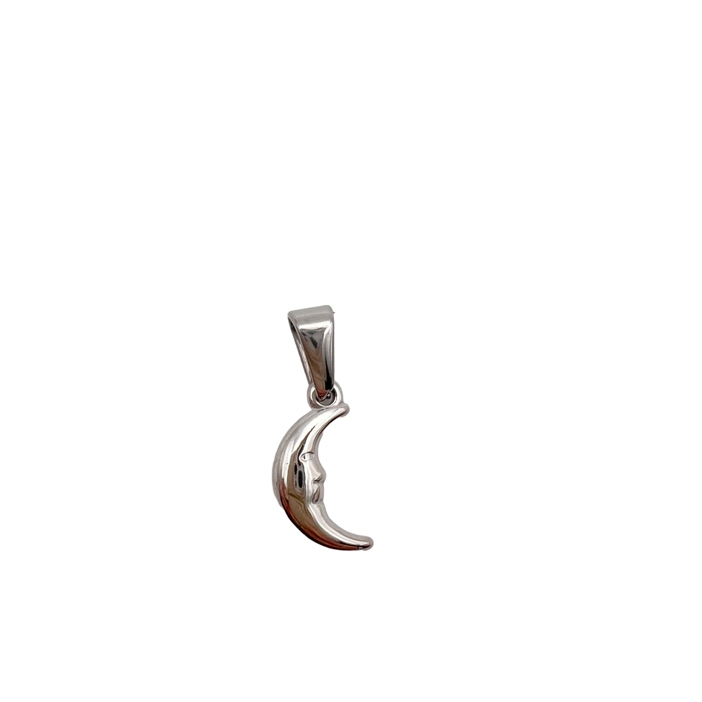 Silver moon-shaped pendant on a light gray background