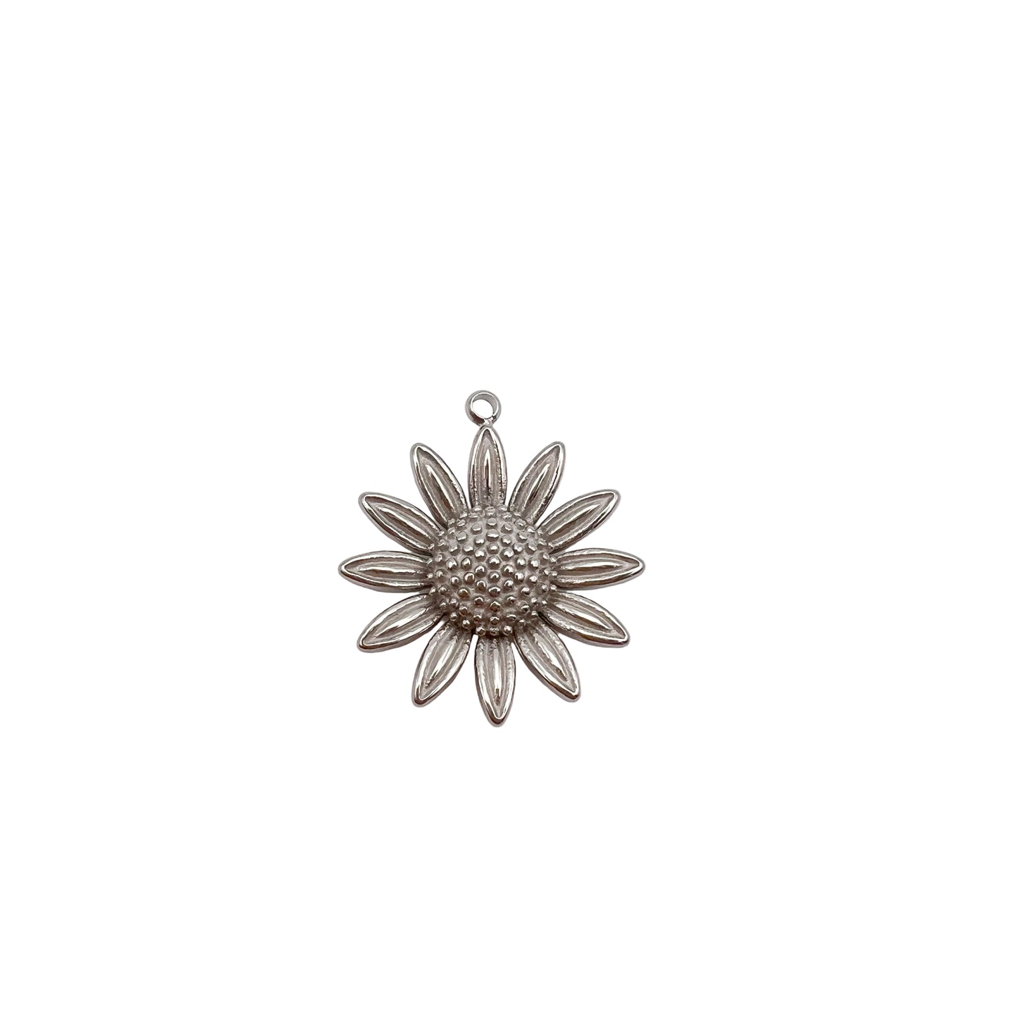 Silver sunflower-shaped pendant on a light gray background