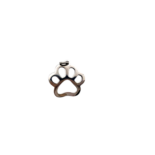 Silver paw print pendant on a white background