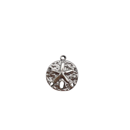 Silver sand dollar pendant on a light gray background