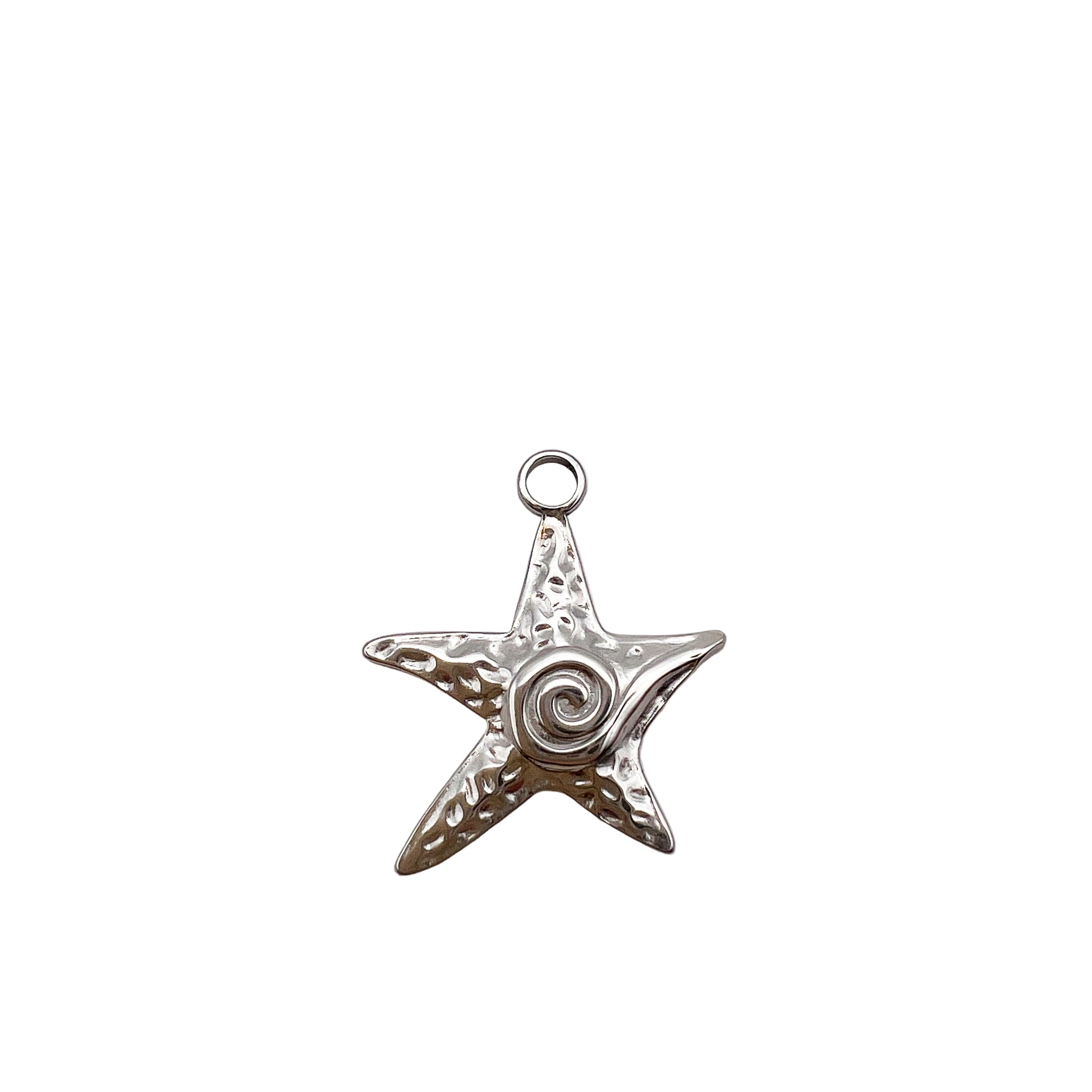 Silver star-shaped pendant with a central spiral design on a white background